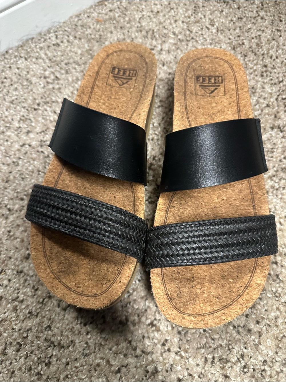 Reef Black Leather & Braided Cork Slide Sandals